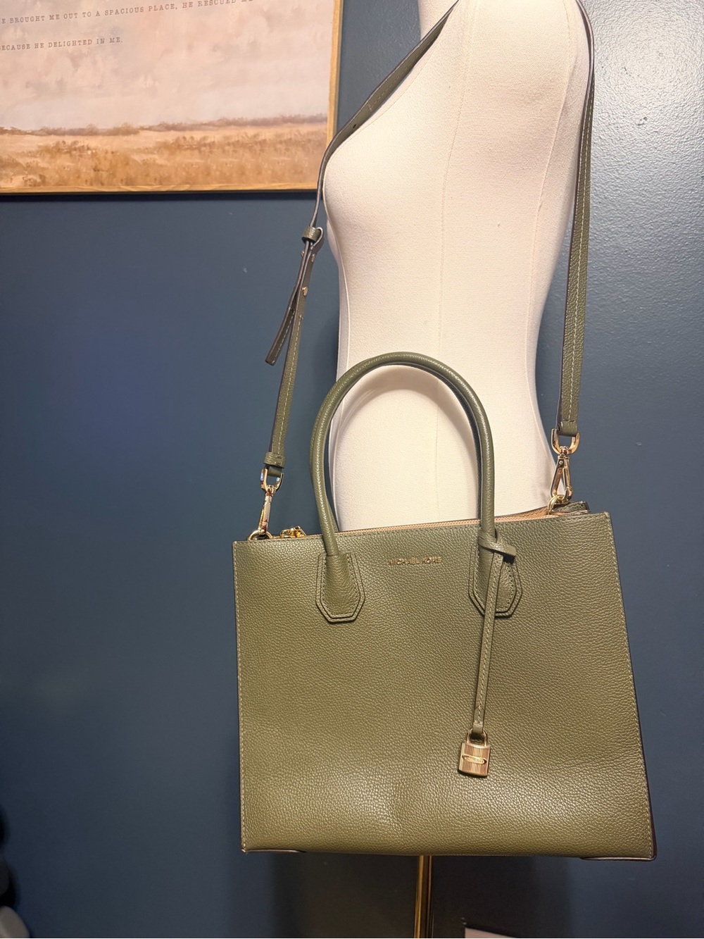 Michael Kors Mercer Large Olive Pebbled Leather Tote with Shoulder Strap
